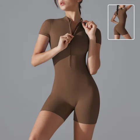Summer Zipper Short-sleeved Shorts Jumpsuit Yoga Fitness Dance Slim