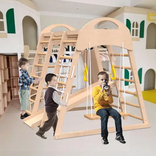 Indoor Playground 7-in-1 Jungle Gym Playset For Kids 2-6yrs - Slide, Climbing Wall, Rope Wall Climber, Monkey Bars, Swing - Waldorf And Montessori Style Wooden