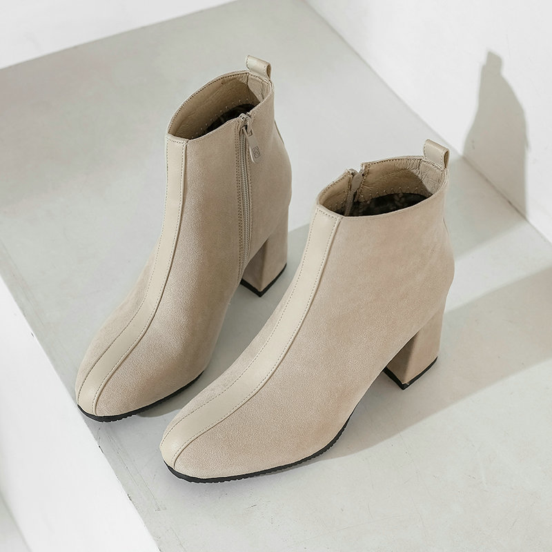 Women's Suede Martin Boots With Square Toe Block Heel Beige - Shop at LoveMi