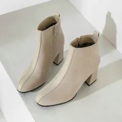 Women's Suede Martin Boots With Square Toe Block Heel - Beige - View 1
