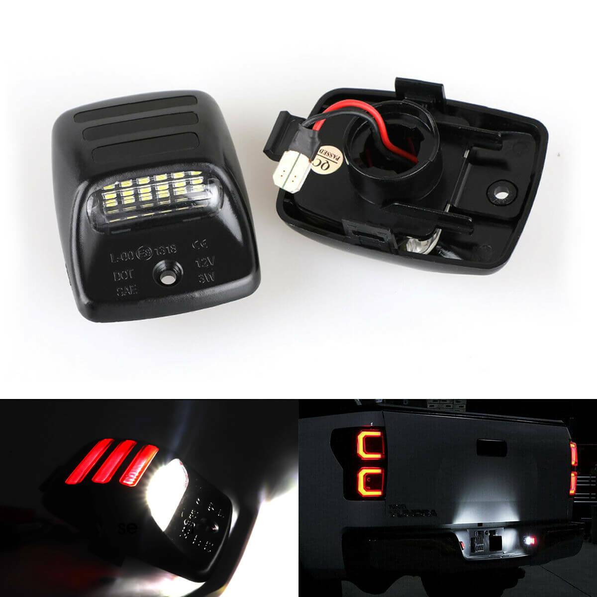 Close-up of red OLED tube illumination on Toyota Tacoma license plate lamp