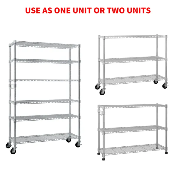 Six-layer Free Combination And Disassembly With 1 Row Of Side Hooks With Adjusting Feet And Wheels Iron Can Freely Adjust The Spacing Of Layers Household Shelves 117X45X208cm Baked Lacquered Silver