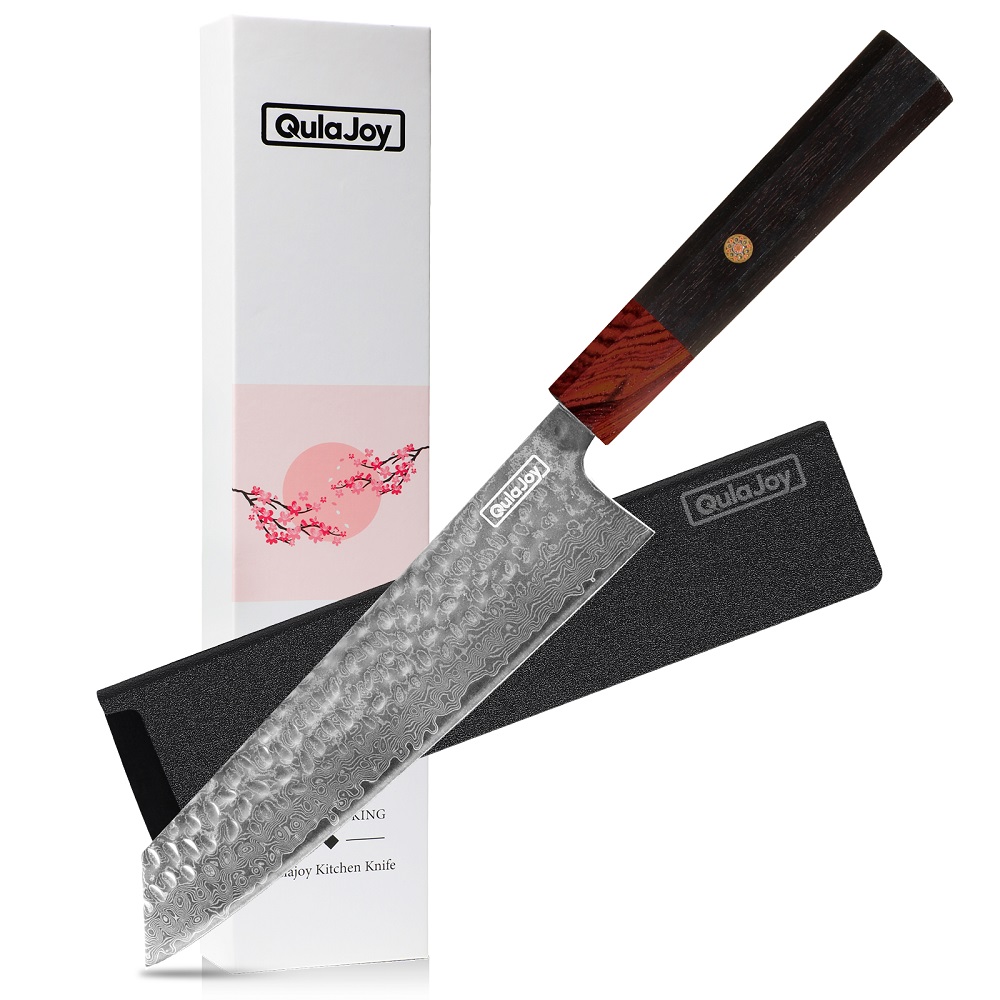 Qulajoy 8 Inch Chef Knife - Japanese Damascus VG-10 Super Steel Hammered Kitchen Knife - African Rosewood Octagonal Handle With Sheath — foto 22