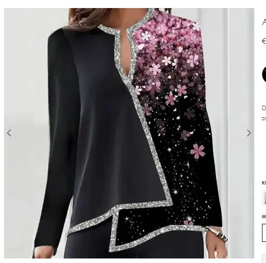Digital Printed Flower V neck Hem Asymmetric Women's Long Sleeves Q403 Color M - Shop at LoveMi