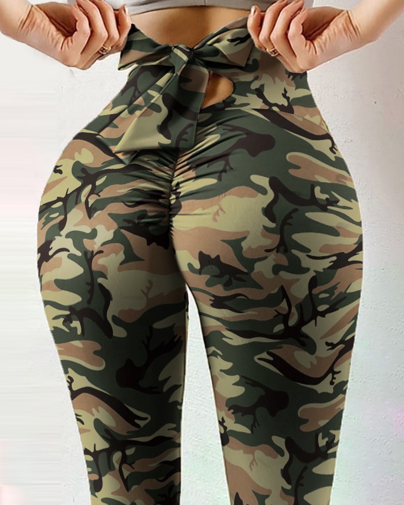 Fitness High elastic Sweat absorbent Digital Printing Bowknot Rope Pants Leggings P1006 Camouflage - Shop at LoveMi