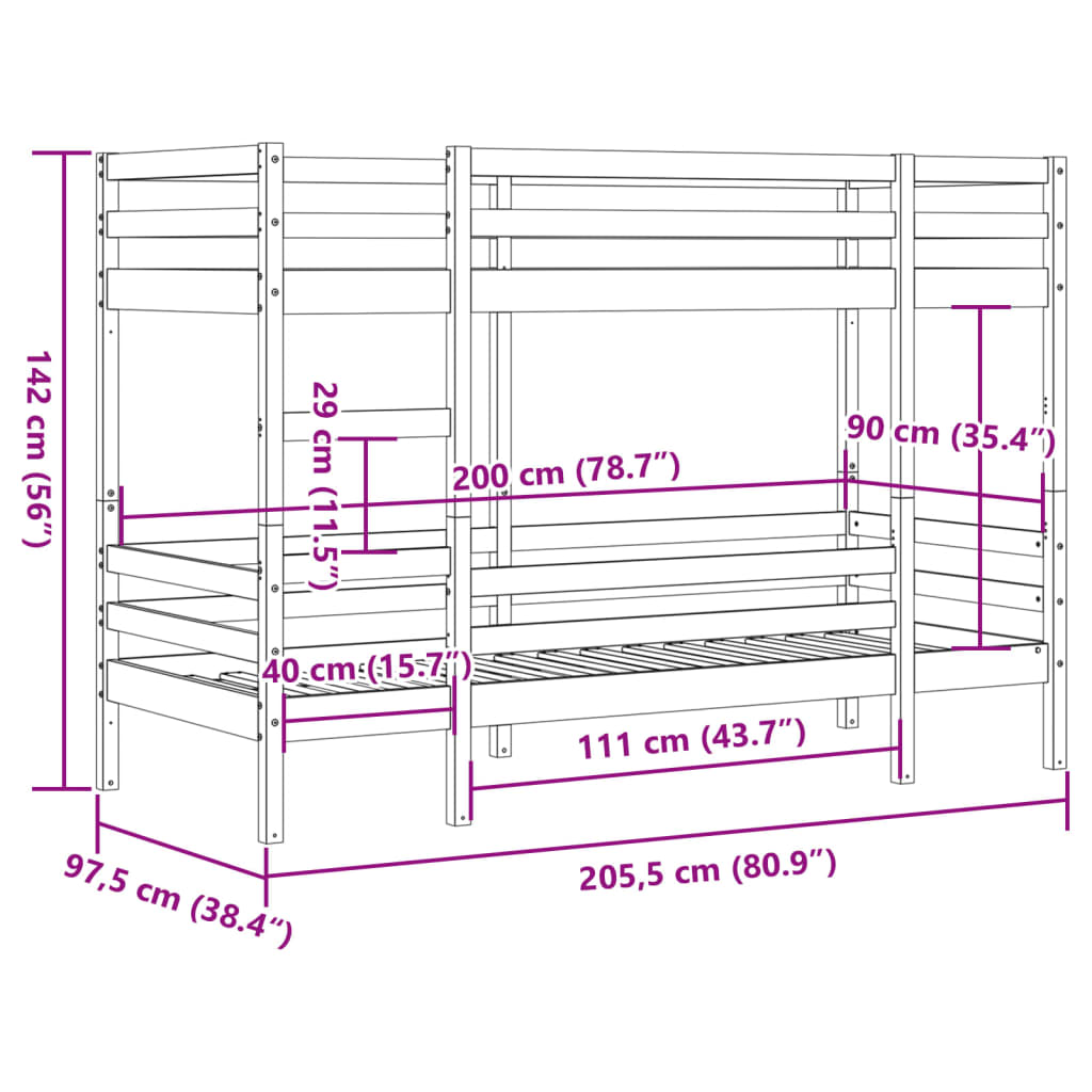 vidaXL Pat supraetajat fără saltea, 90x200 cm, lemn masiv de pin
