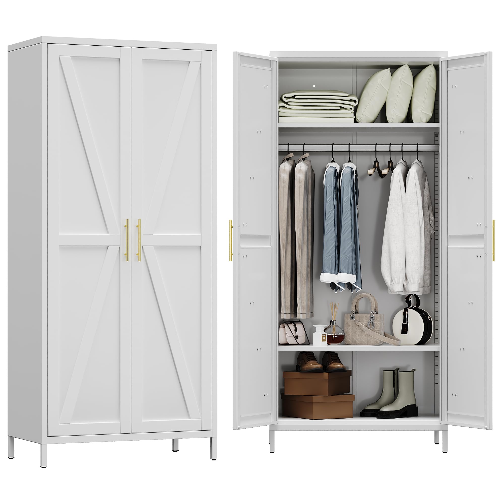 METAN Metal Wardrobe Closet With Doors, Farmhouse Armoire Wardrobe Closet For Bedroom,Assembly Required,White