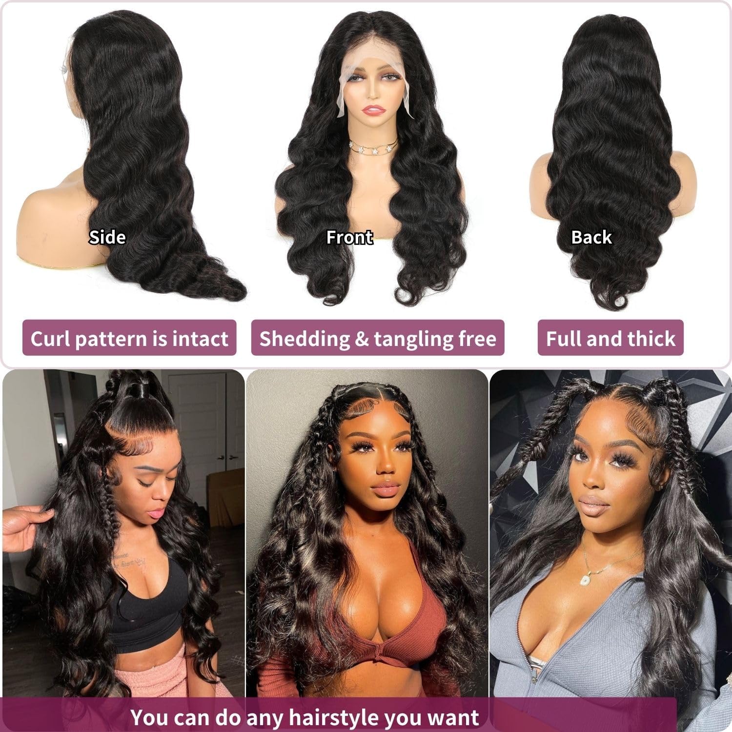 13x6 Front Lace Human Hair Wig, Natural Color, Body Wave, Density
