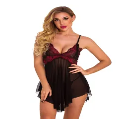Ladies Polyester Lace Sling Nightdress Sleepwear - Wine Red - View 1