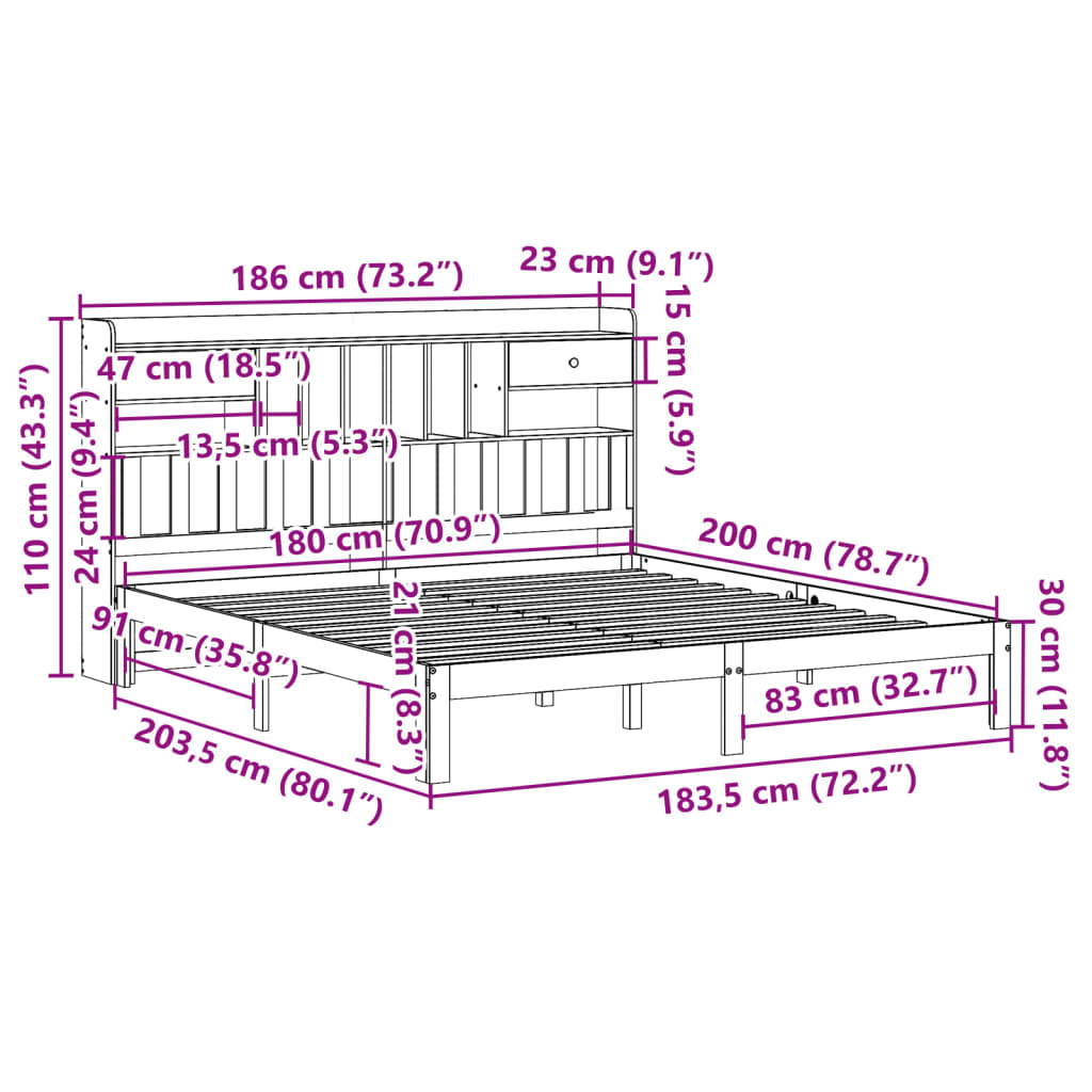 vidaXL Pat cu bibliotecă fără saltea, 180x200 cm, lemn masiv de pin