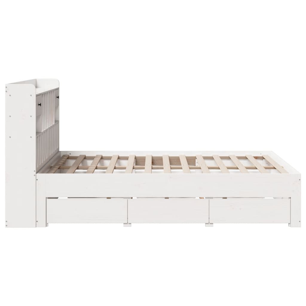vidaXL Pat cu bibliotecă fără saltea, alb, 150x200 cm, lemn masiv pin