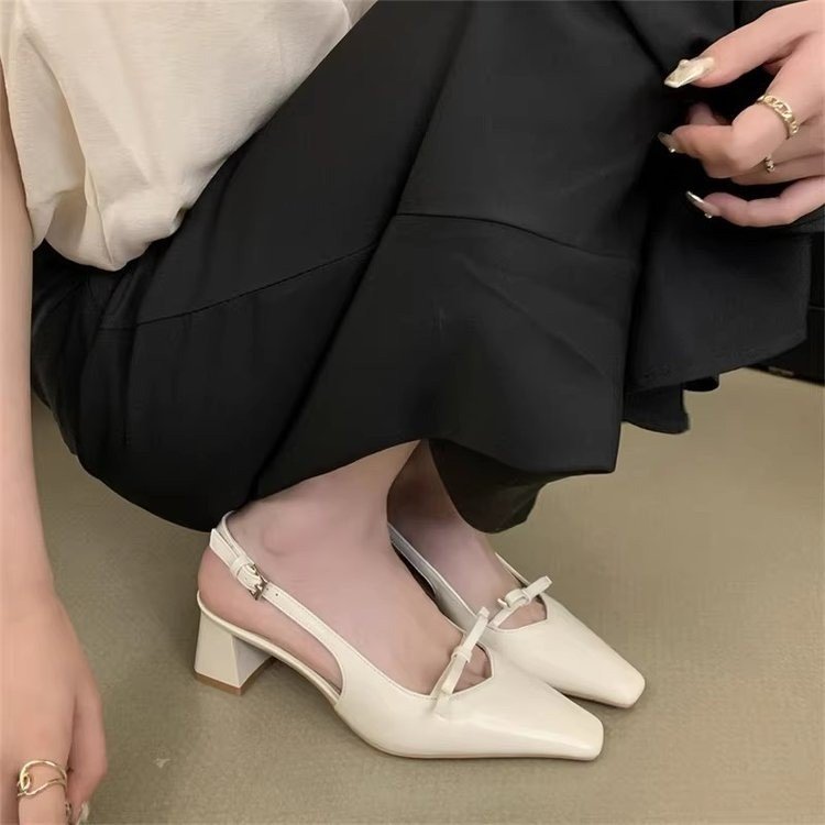 Women's Silver French Style Block Heel Sandals, 2025 New Arrival, Elegant Closed Toe Summer Shoes, Unique Designer Heels For Women