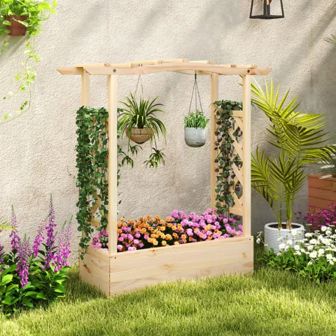 Wooden Raised Garden Bed Planter Box With Trellis And