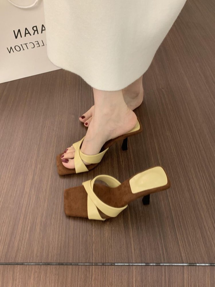 2025 Summer Women's Fashion Square Toe High Heel Slide Sandals, Elegant Large Size Cross... thumbnail 4