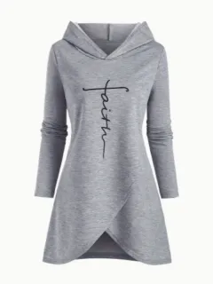 Women's Casual Letter Print Hoodie With Cross-Front Design - Grey - View 1