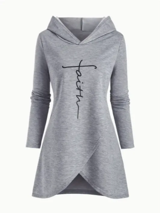 Women's Casual Letter Print Hoodie With Cross Front Design Grey - Shop at LoveMi