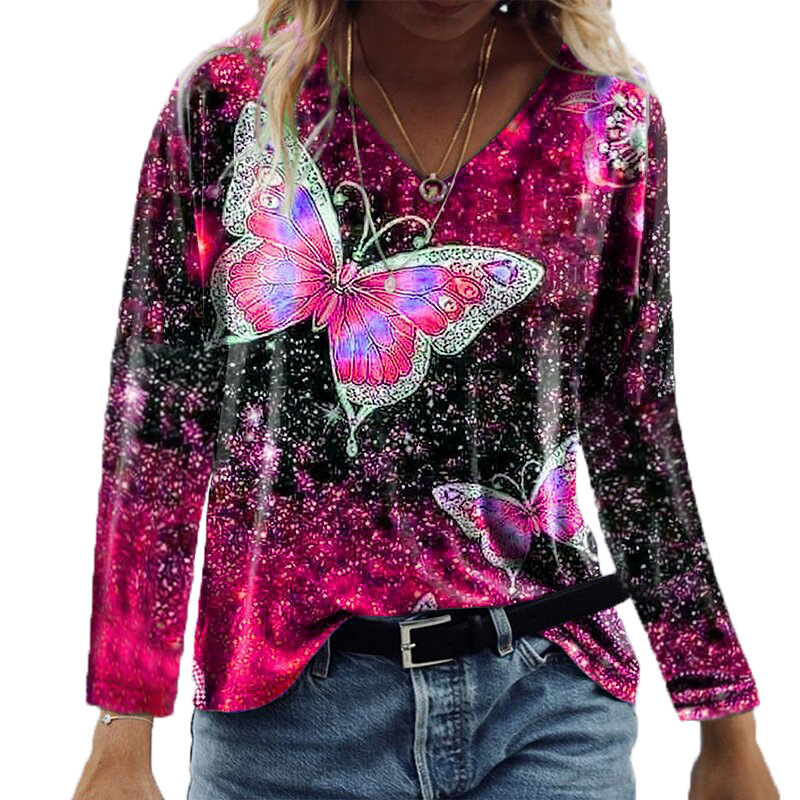 Title 5, Casual Top V-Neck Butterfly Print Loose Long Sl...