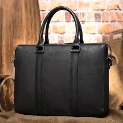 Vintage Men's Leather Briefcase Fashionable Business 14 Inch Computer Handbag - Black - View 1
