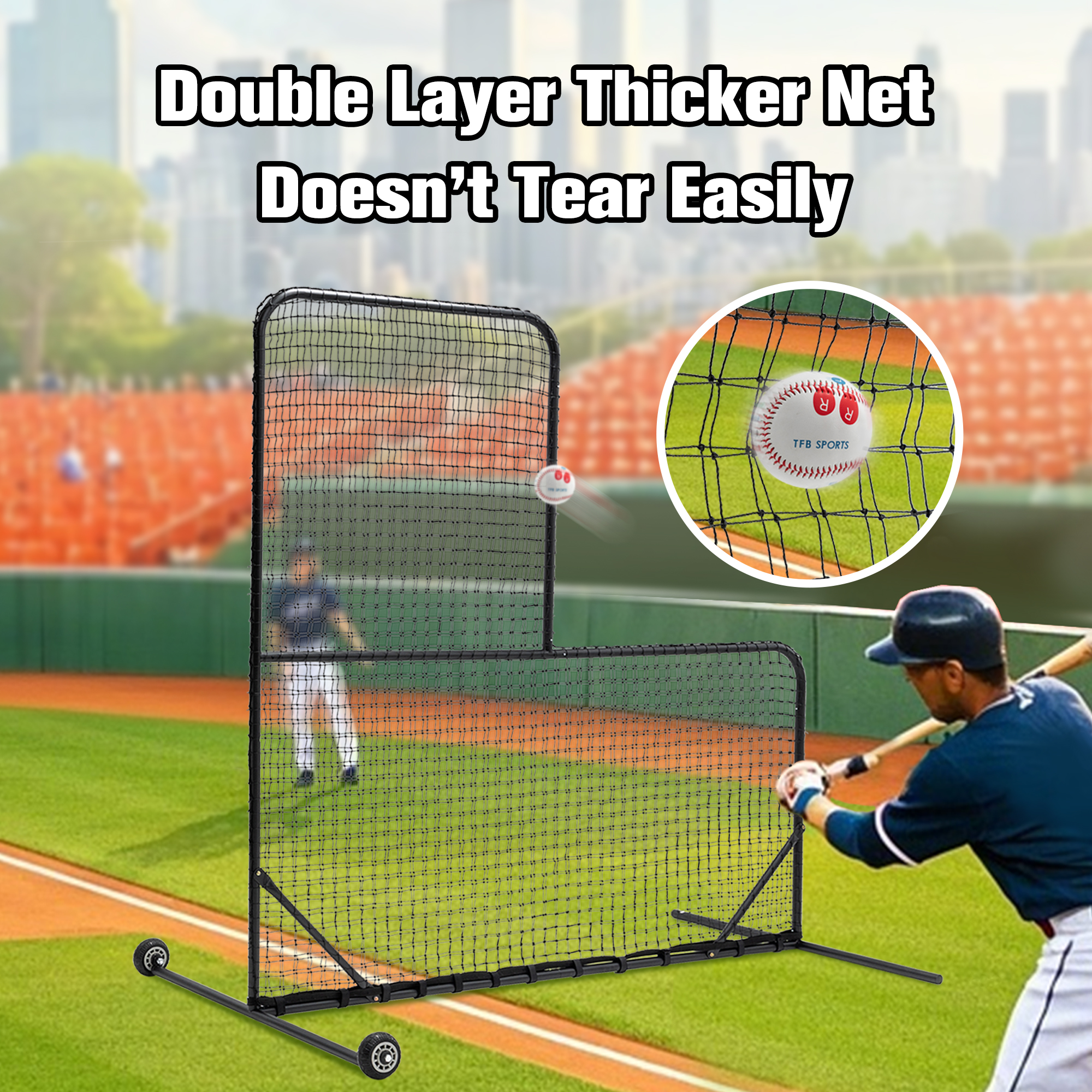 L-Shaped Baseball Net For Batting Cages, Baseball Pitching Net With Wheels – 84”H X 84”W, With 42” X 42” Cutouts,include Carry Bag