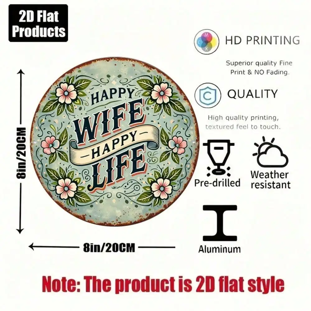 8x8in Vintage Happy Wife Life Round Marriage