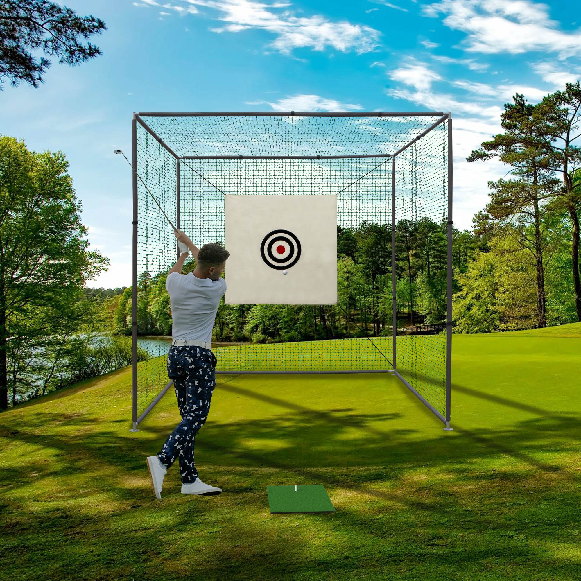 10X10X10FT Golf Practice Net Cage With Metal Frame Hitting Net Kit Indoor Outdoor