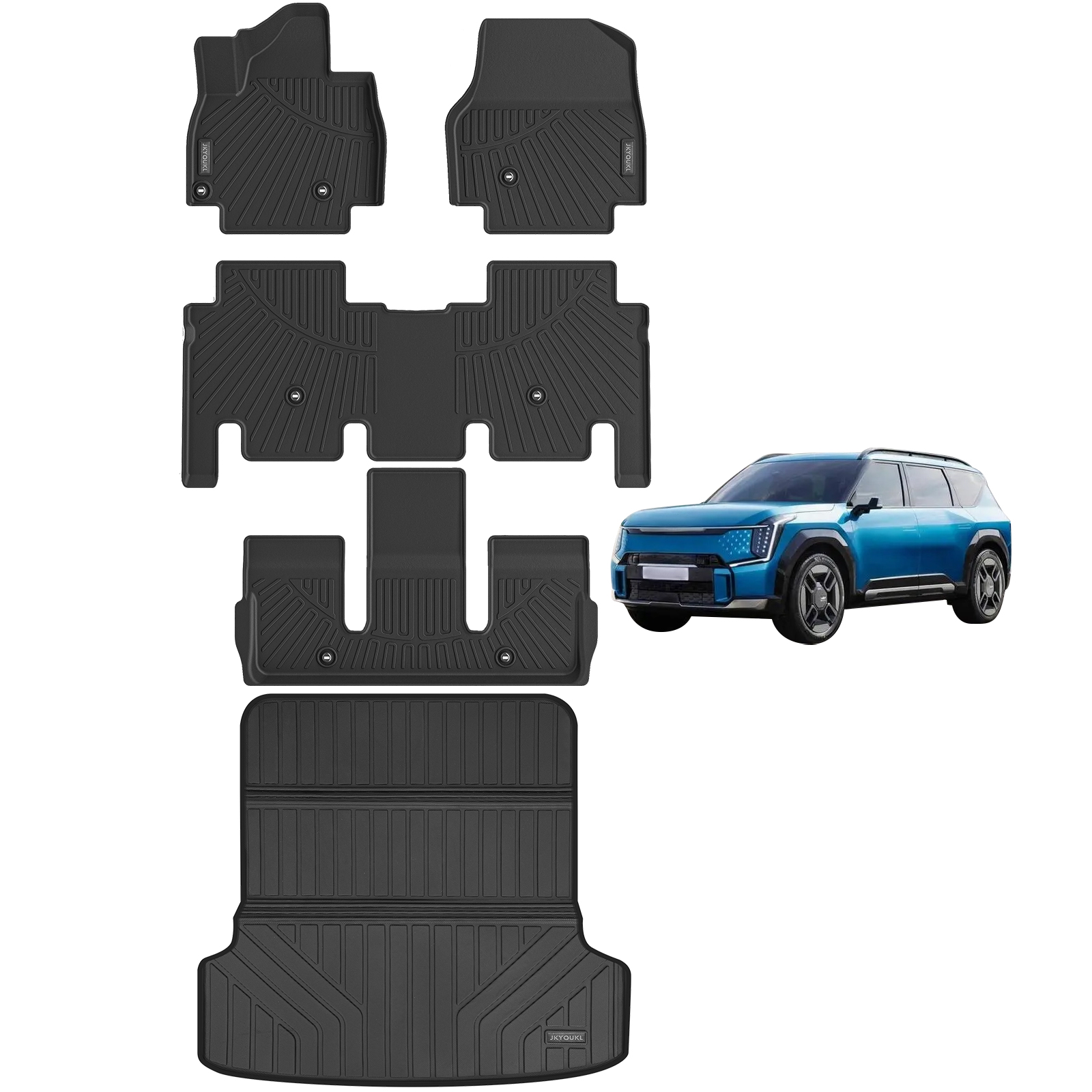 Floor Mats & Big Cargo Liners Compatible For KIA EV9 2024. All Weather 3 Rows Anti-Slip TPE Mat-Black. 6-Seats. 7-Seats