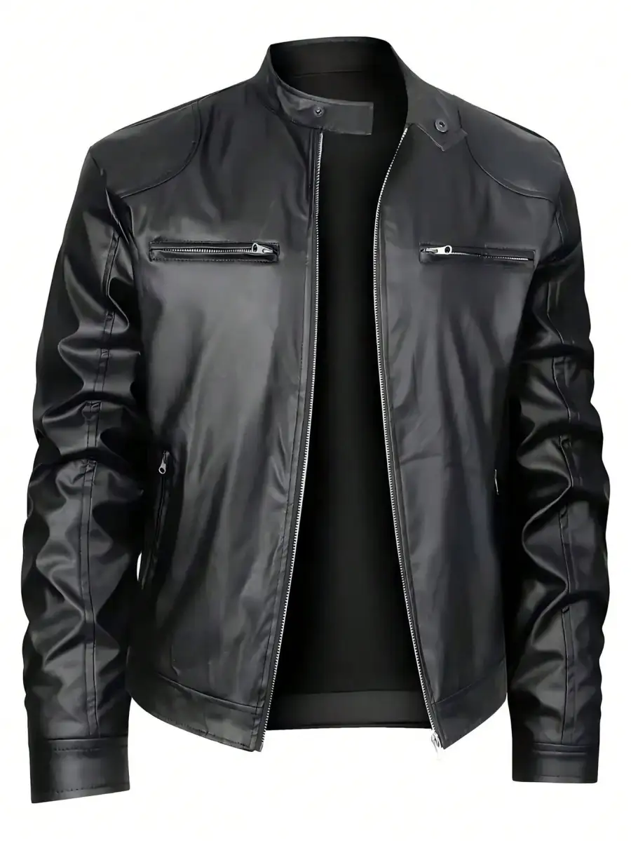 Men's Stand-up Collar Leather Jacket Business Casual