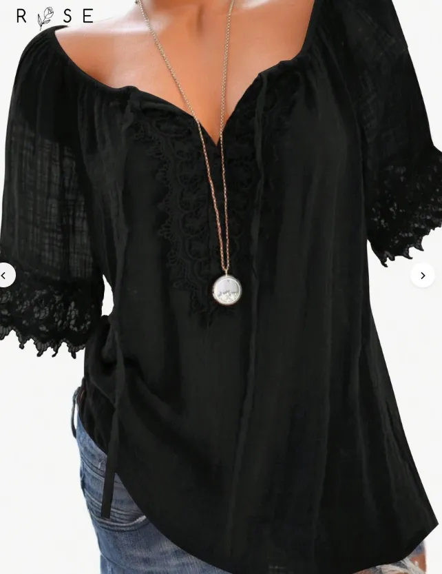 Women's Solid Color Contrast Lace Short Sleeve Casual Shirt - Black