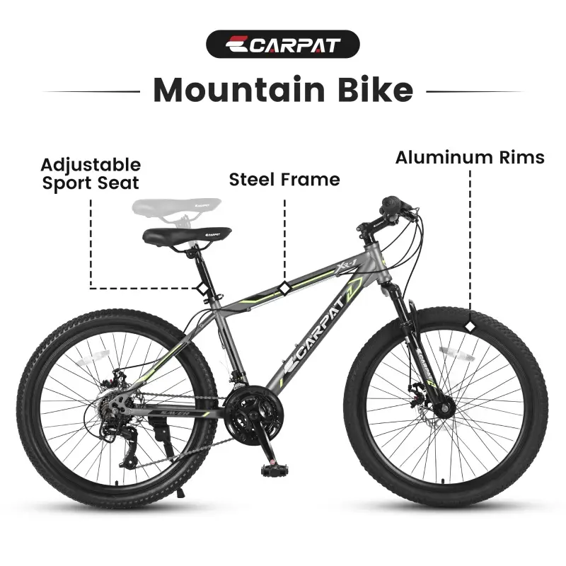 24 Inch Mountain Bike, Suitable For Boys And Girls, Steel Frame, Shimano 21 Speed Mountain Bike, With Dual Disc Brakes And Front Suspension, Banned Platform Tem