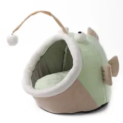 Multifunctional Winter Cat Nest Lantern Fish Cat House Semi-closed Deerskin Velvet Small Dog Kennel Warm And Comfortable - Green - View 1