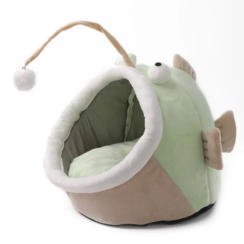 Multifunctional Winter Cat Nest Lantern Fish Cat House Semi-closed Deerskin Velvet Small Dog Kennel Warm And Comfortable - Green