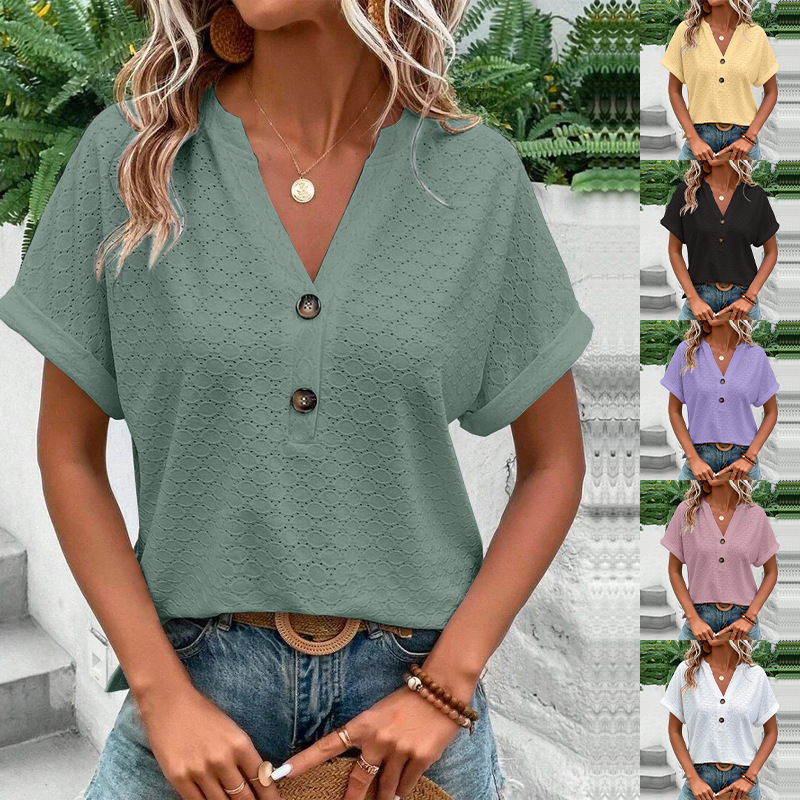 Women's Casual V-Neck Blouse Short Sleeve Loose Fit Button Front Solid Color Top - Image 8