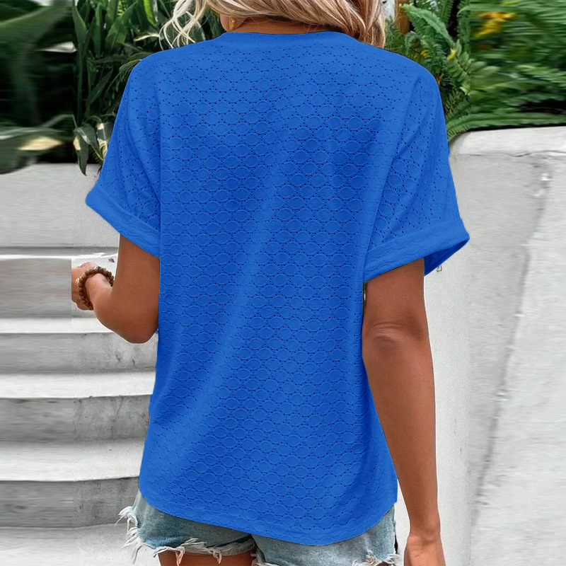 Women's Casual V-Neck Blouse Short Sleeve Loose Fit Button Front Solid Color Top - Image 31