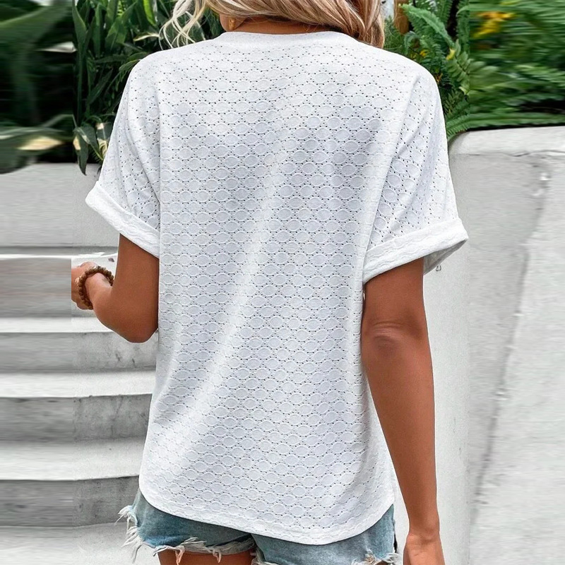 Women's Casual V-Neck Blouse Short Sleeve Loose Fit Button Front Solid Color Top - Image 2