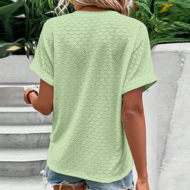 Women's Casual V-Neck Blouse Short Sleeve Loose Fit Button Front Solid Color Top - Image 66