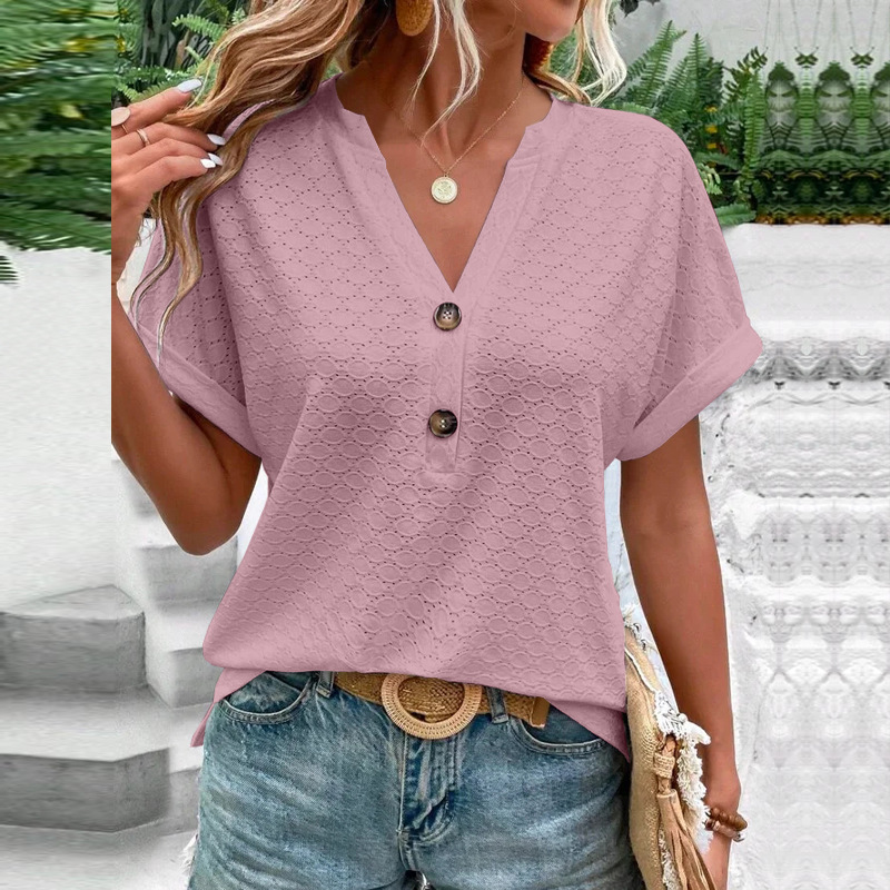 Women's Casual V-Neck Blouse Short Sleeve Loose Fit Button Front Solid Color Top - Image 40
