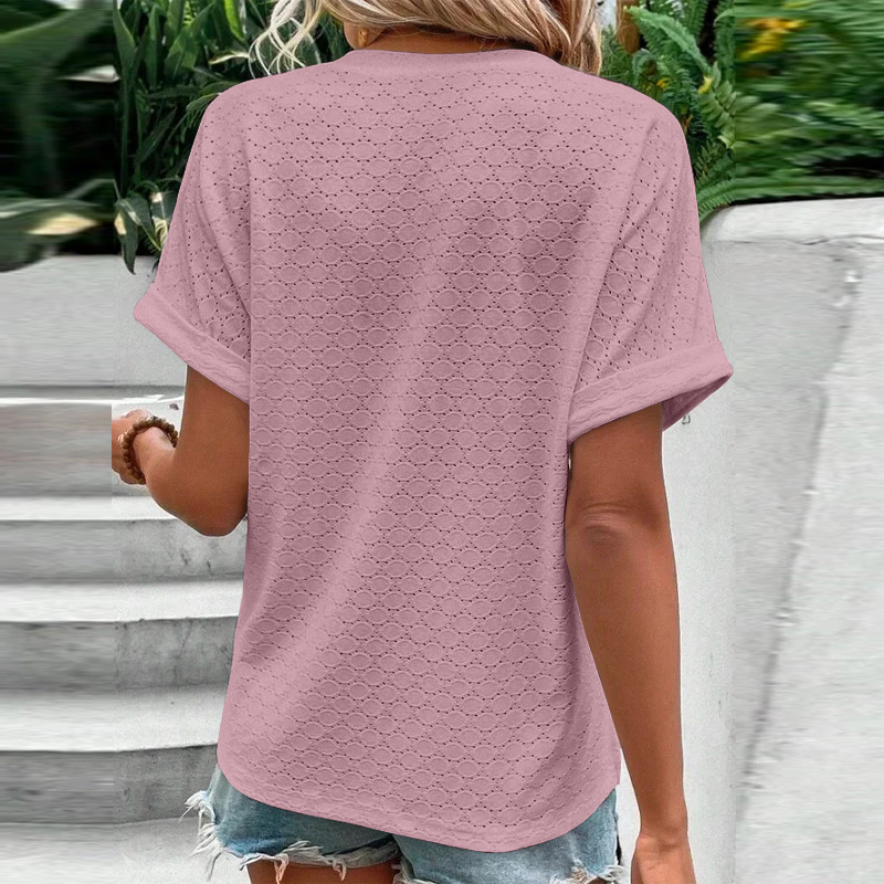 Women's Casual V-Neck Blouse Short Sleeve Loose Fit Button Front Solid Color Top - Image 61