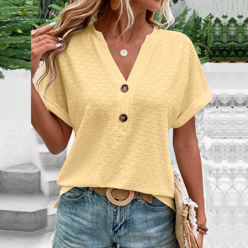 Women's Casual V-Neck Blouse Short Sleeve Loose Fit Button Front Solid Color Top - Image 19