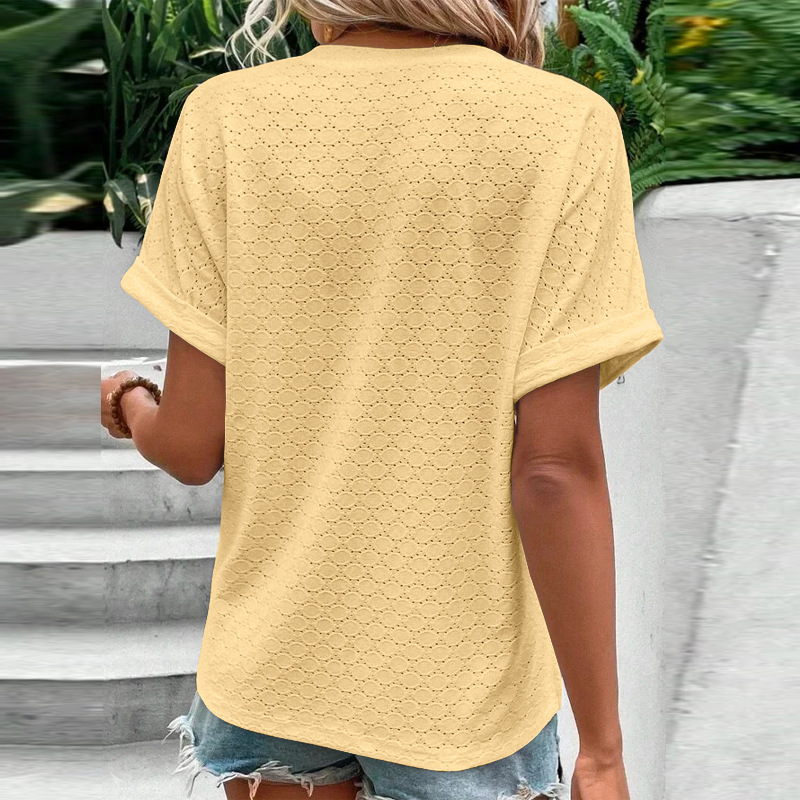 Women's Casual V-Neck Blouse Short Sleeve Loose Fit Button Front Solid Color Top - Image 10