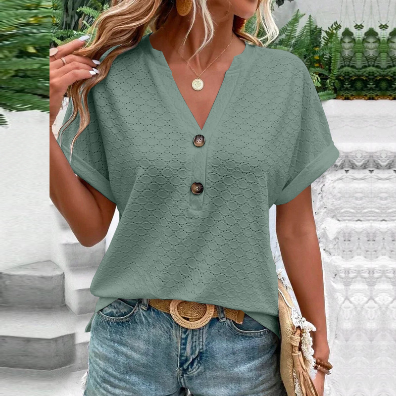 Women's Casual V-Neck Blouse Short Sleeve Loose Fit Button Front Solid Color Top - Image 3