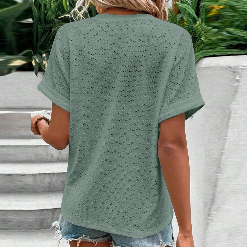 Women's Casual V-Neck Blouse Short Sleeve Loose Fit Button Front Solid Color Top - Image 20