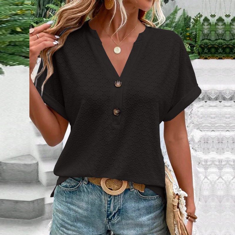 Women's Casual V-Neck Blouse Short Sleeve Loose Fit Button Front Solid Color Top - Image 64