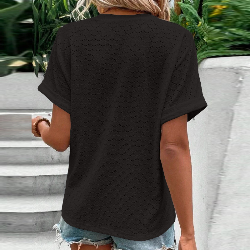 Women's Casual V-Neck Blouse Short Sleeve Loose Fit Button Front Solid Color Top - Image 28