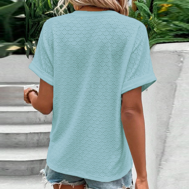 Women's Casual V-Neck Blouse Short Sleeve Loose Fit Button Front Solid Color Top - Image 58