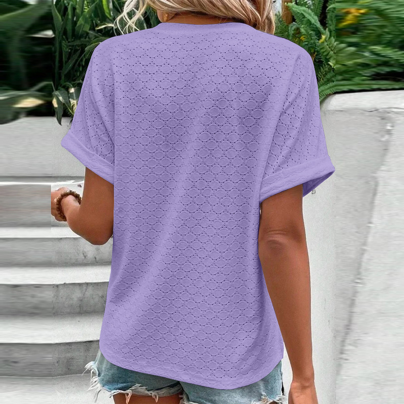 Women's Casual V-Neck Blouse Short Sleeve Loose Fit Button Front Solid Color Top - Image 45