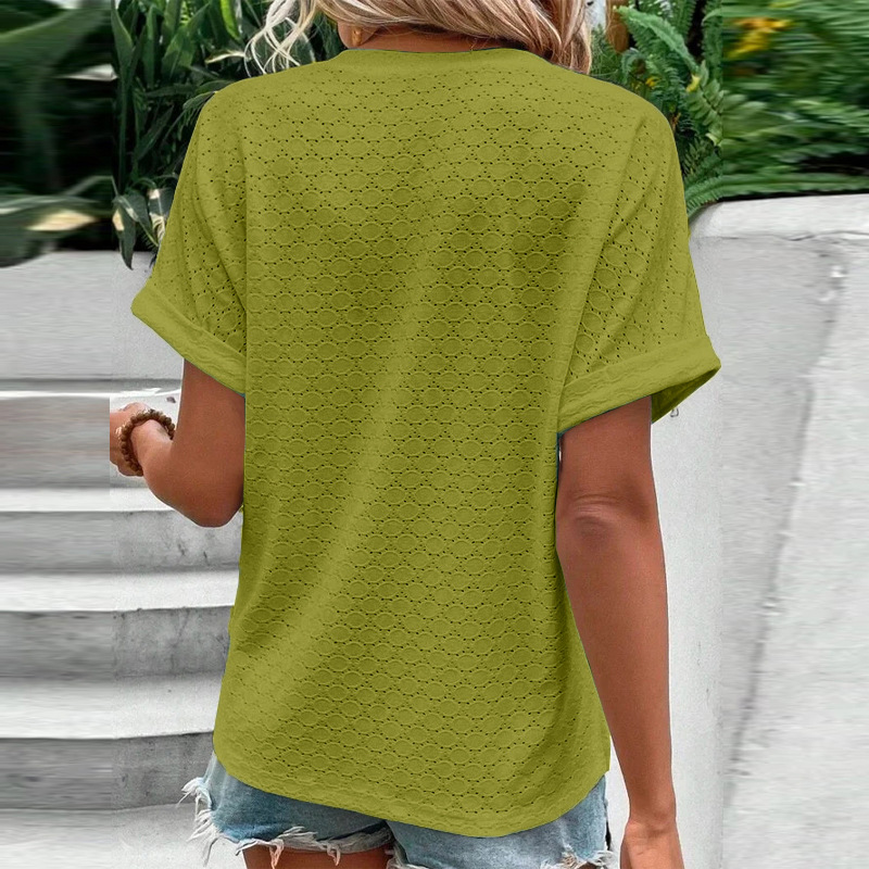 Women's Casual V-Neck Blouse Short Sleeve Loose Fit Button Front Solid Color Top - Image 4
