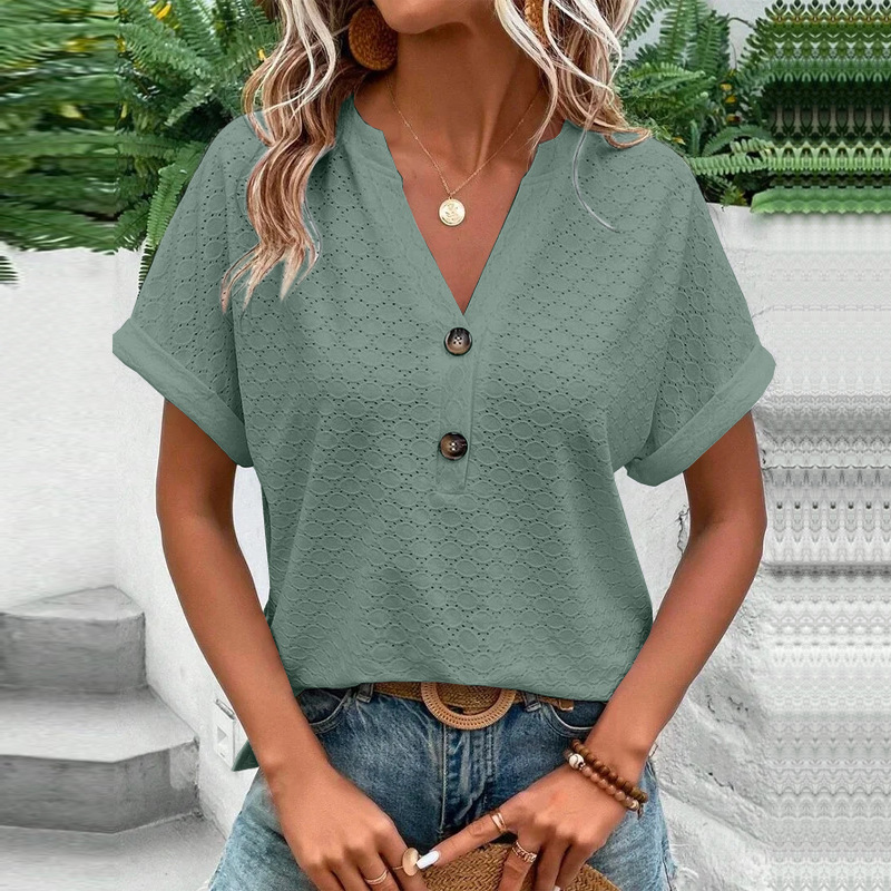 Women's Casual V-Neck Blouse Short Sleeve Loose Fit Button Front Solid Color Top - Image 27