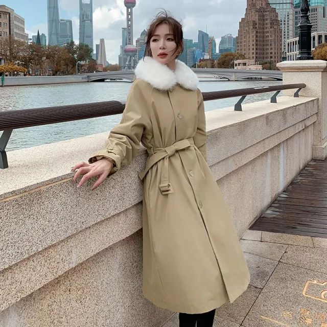 New Rabbit Fur Windbreaker Cotton Jacket Women's Mid length Khaki - Shop at LoveMi