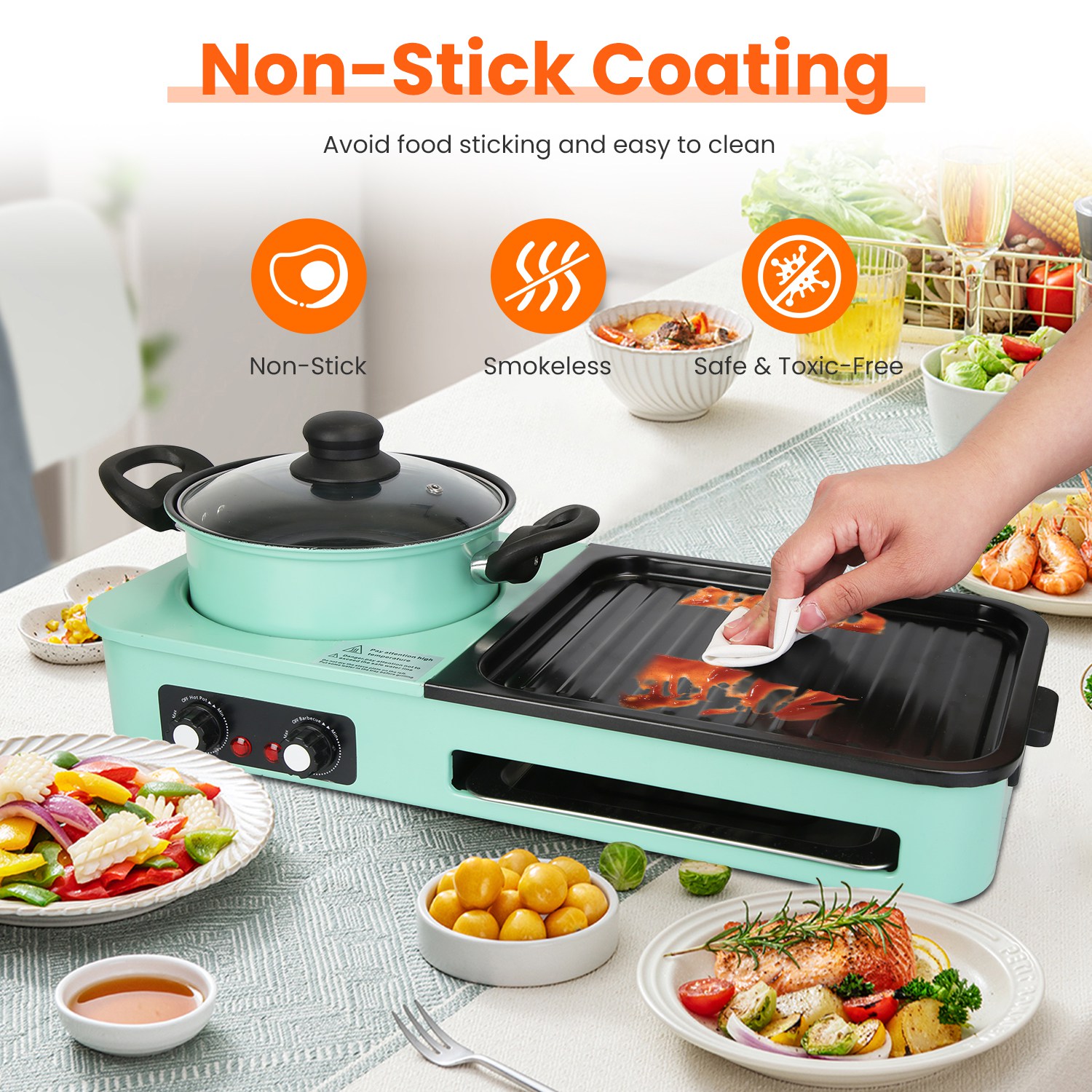 1Pc 3 In 1 Electric Hot Pot With Grill 1600W Smokeless Non-Stick Korean BBQ Grill Shabu Shabu Hot Pot Combo With Independent Temperature Control For 3-5 People Fedex Shipping — foto 7