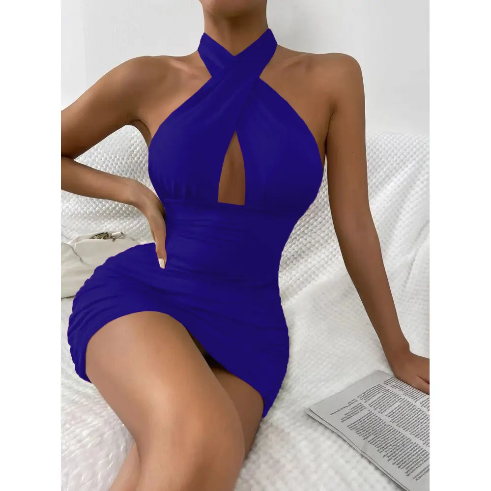 New Solid Color Cross Halter Temperament Sheath Dress For Women